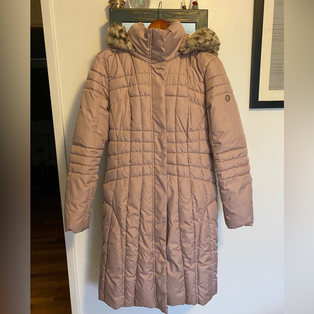 Super warm, long, blush pink puffy jacket by Calvin Klein